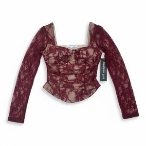 Madden Girl Womens M Burgundy Lace Corset Top Long Sleeve Sheer New With Tags